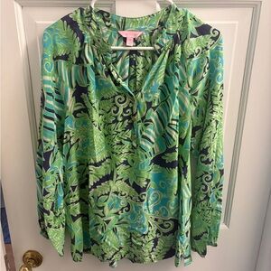 Lilly Pulitzer Navy and Lime Green Leaf-Print Button Down Shirt